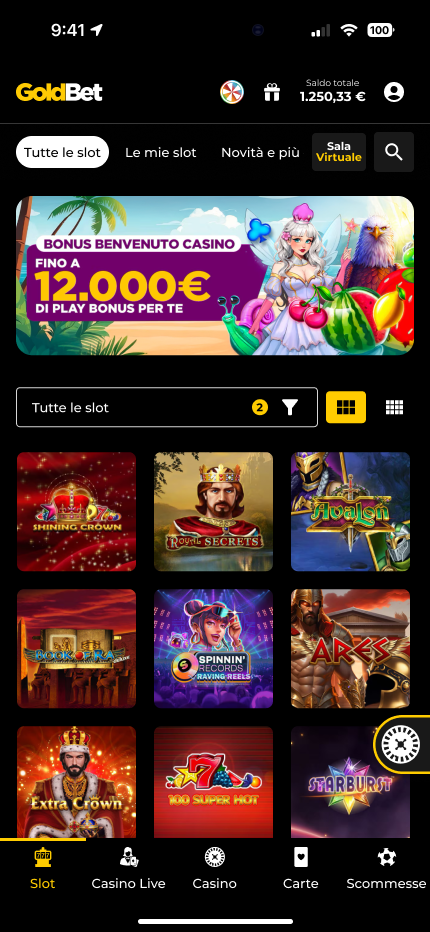 Schermata della vetrina dei giochi dell app Goldbet su mobile