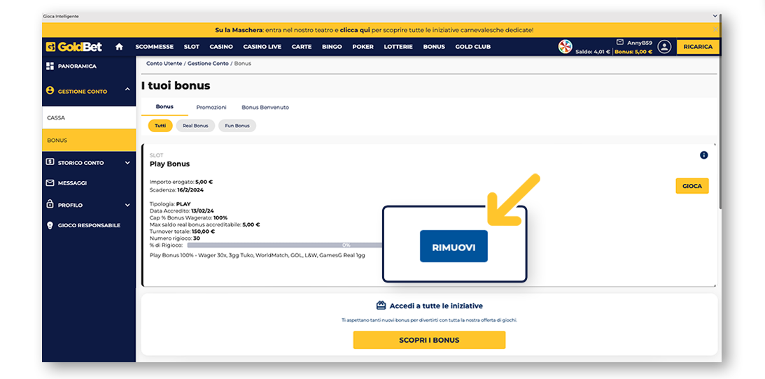 Goldbet bonus interface showing wagering progress bar