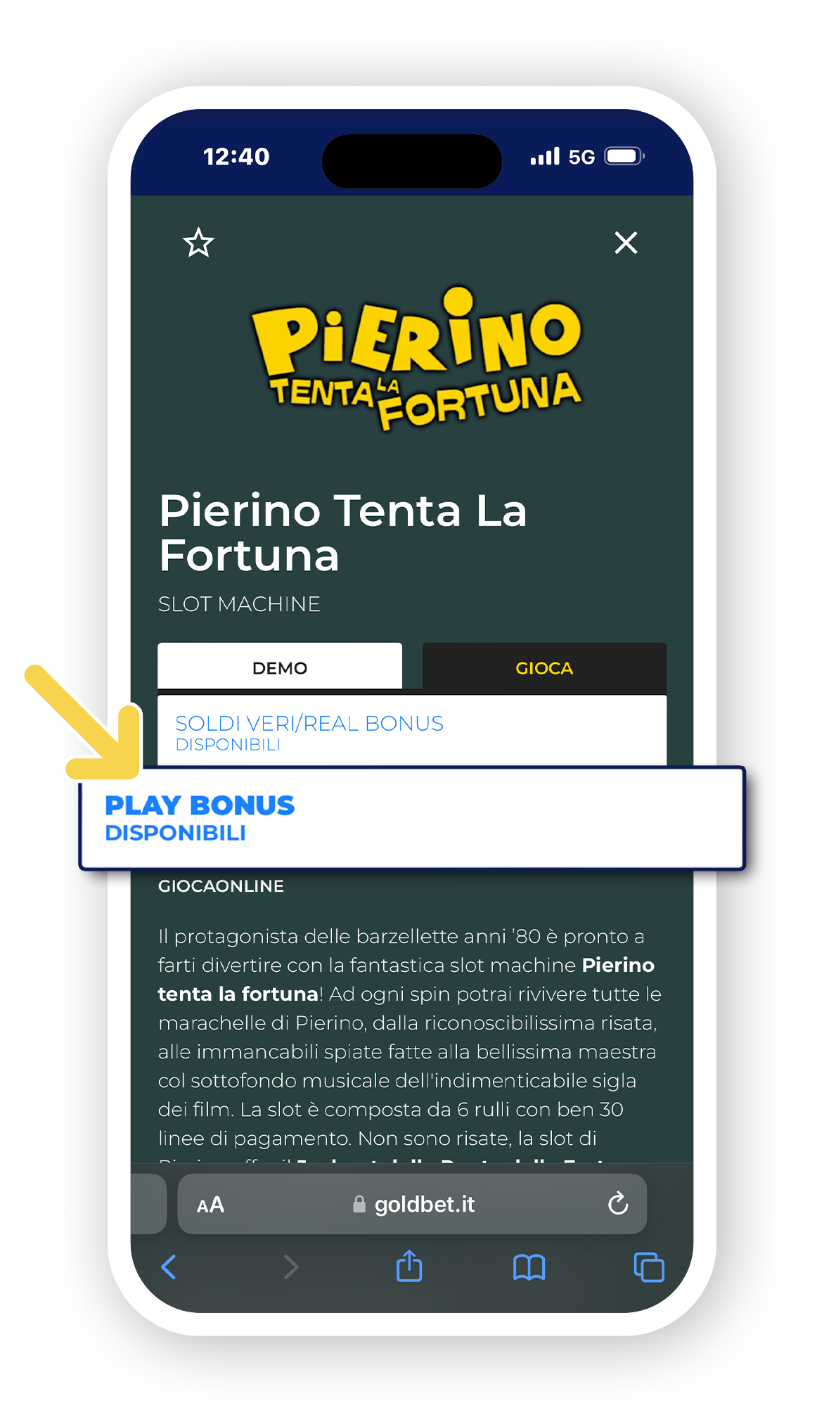 Screen dell'app Goldbet